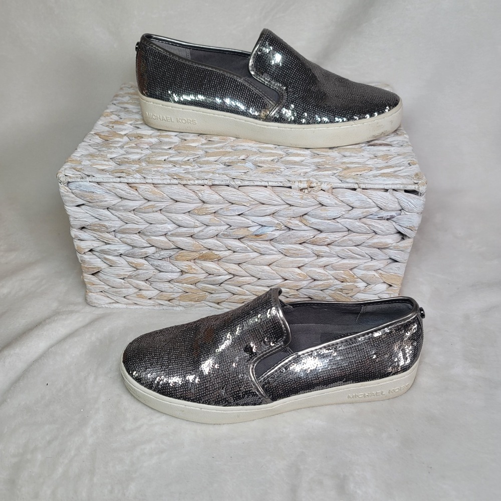 MK Silver Sequin Y3K Shimmer Metallic Slip On Sneakers Skater Preppy‎ 6M Party